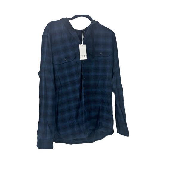 VINCE Men's Tonal Shadow Plaid Hooded Shirt In Blue Size M NWT - Picture 7 of 12